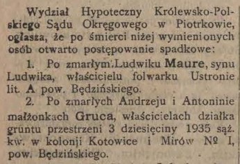Ogłoszenie, spadek po A.A. Gruca, Dz.Nar. 65, 1918 r..jpg