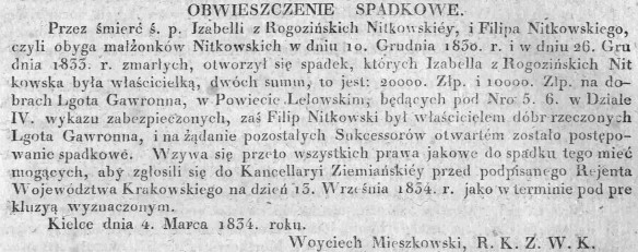 obwieszczenie spadkowe Lgota Gawronna, Dz.Rz.W.K. 1834, nr 24.jpg