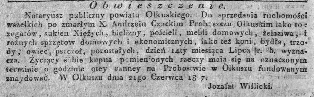 obwieszczenie o licytacji. ksiądz Andrzej Czucki, Dz.Rz.W.K.39, 1817 r..jpg