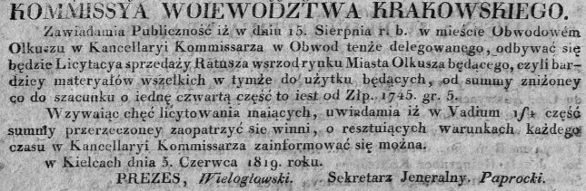 licytacja sprzedaży ratusza, Olkusz, Dz.Rz.K.W.28, 1819 r..jpg