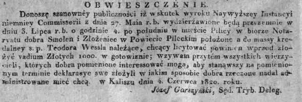 Licytacja dóbr Smoleń i Złożeniec, Dz.U.W.K. 26, 1820 r..jpg