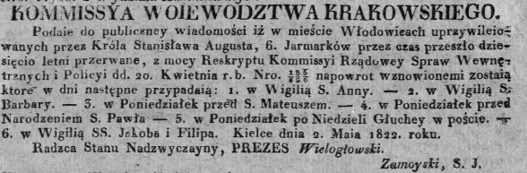 wznowienie jarmarków we Włodowicach, Dz.U.W.K. 21, 1822 r..jpg