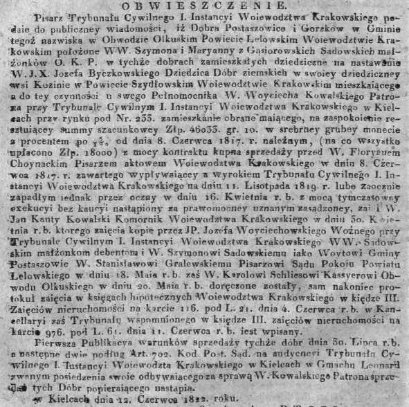 informacja o zajęciu dóbr Postaszowice i Gorzków , Dz.U.W.K. 25, 1822 r..jpg
