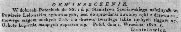 sprzedaż drewna w dobrach Potok, Dz.U.W.K. 39, 1822 r..jpg